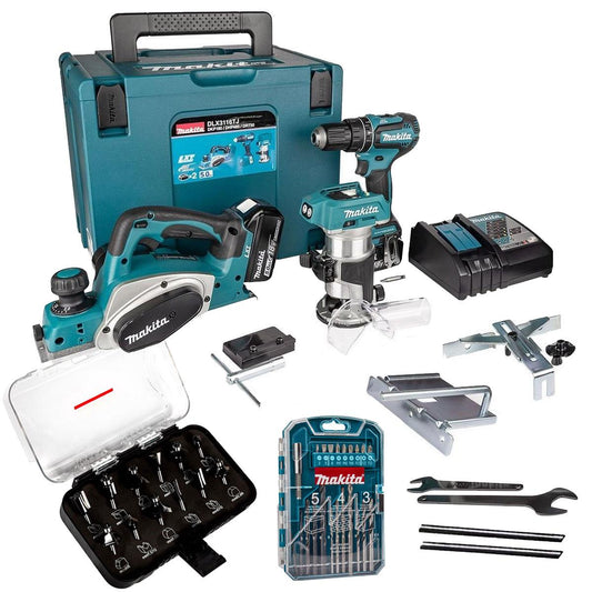 Makita DLX3116TJ 18V 3 Piece Kit Combi Drill + Router Cutter + Planer With 2 x 5.0Ah Battery, Charger & Accessories Set
