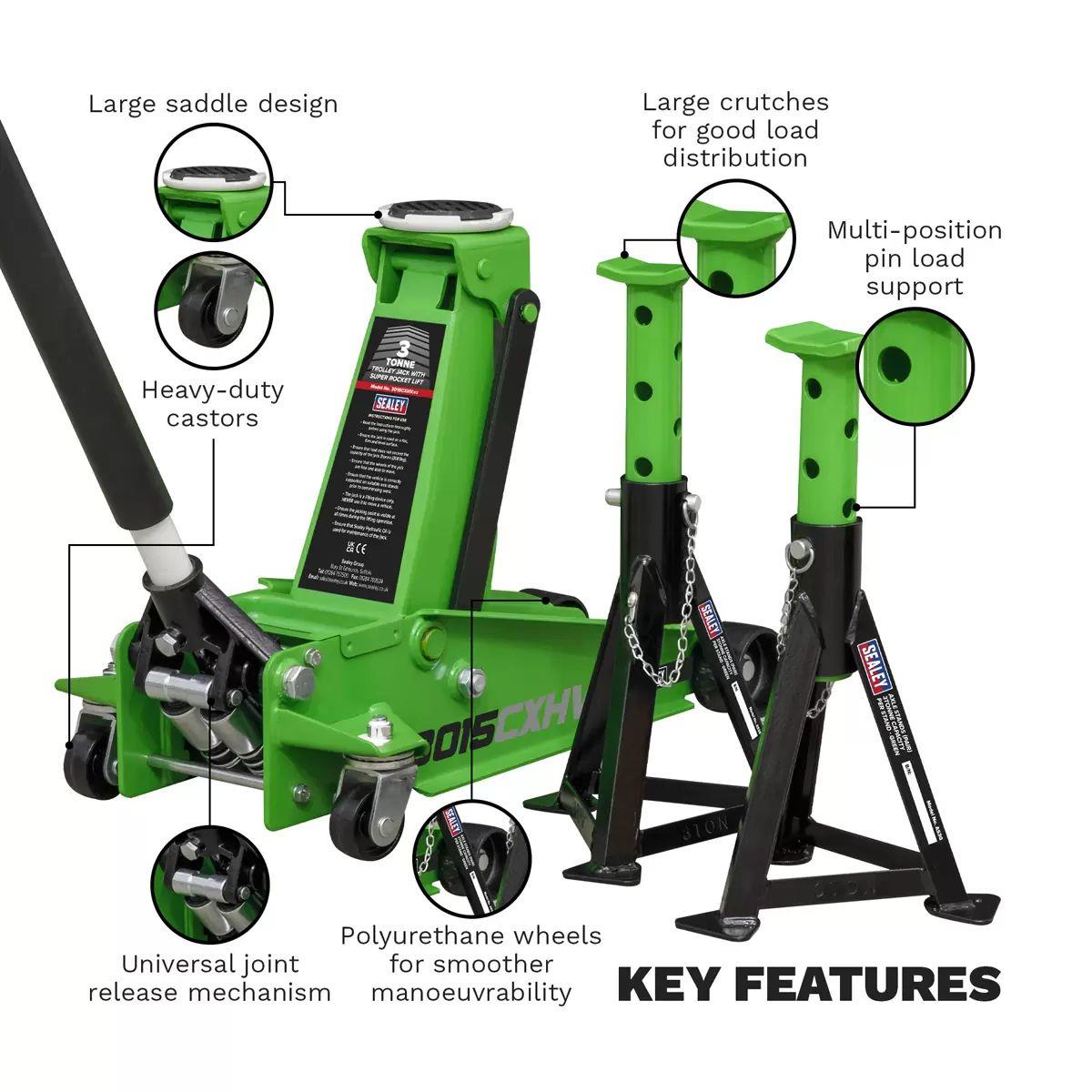 Sealey 3015CXHV 3tonne Trolley Jack Axle Stands 3tonne Capacity per Stand Hi-Vis
