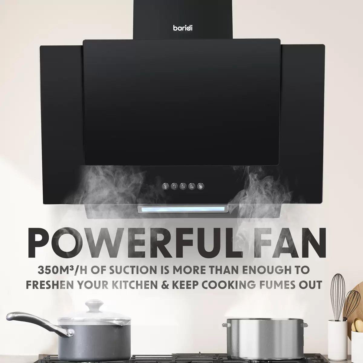 Sealey DH129 Baridi Angled Chimney Cooker Hood with Carbon Filters & LED Lamp Black Glass 240V