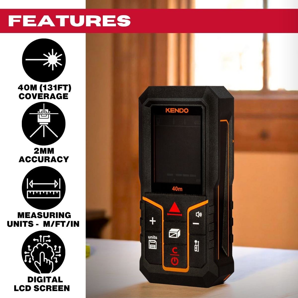 Kendo 40m Laser Distance Meter with Rechargeable Battery & LCD Display