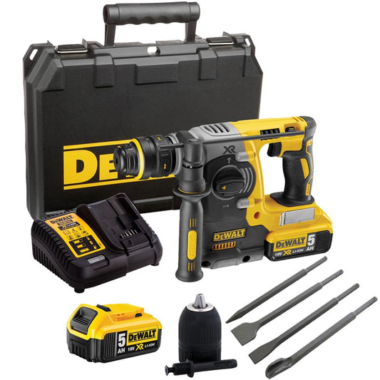 Dewalt DCH273P2 18V Brushless SDS+ Hammer Drill With 2 x 5.0Ah Batteries, Charger & Case, 4 Piece Chisel Set + Keyless Chuck