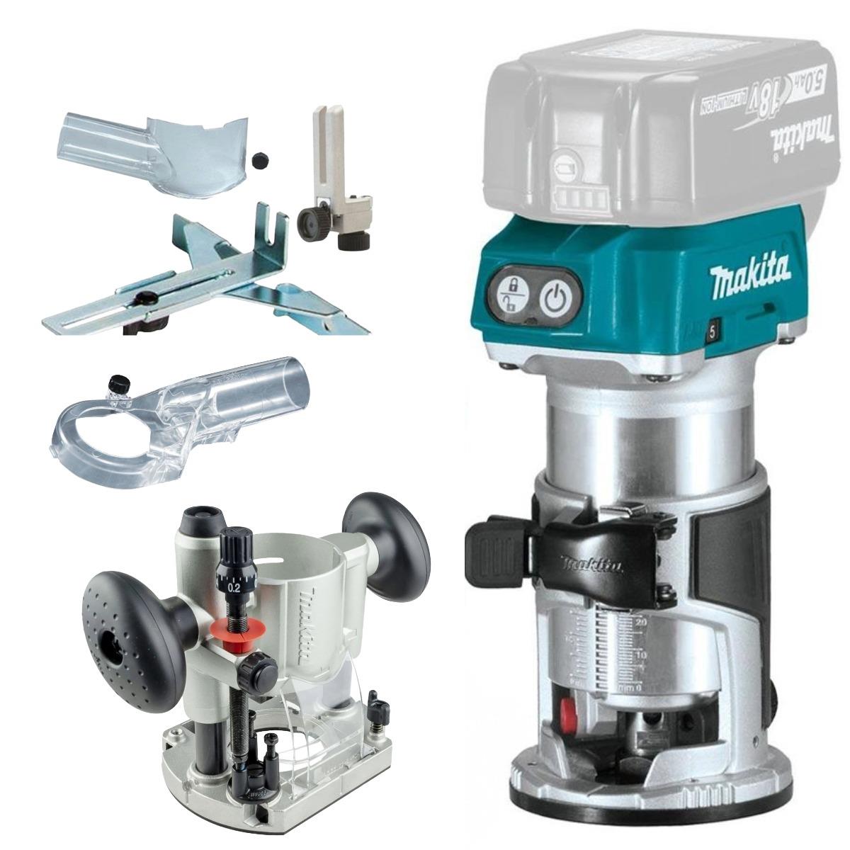 Makita DRT50ZX4 18V LXT Li-ion Brushless Router Trimmer With Plunge Router Base & Dust Extraction Nozzle Set