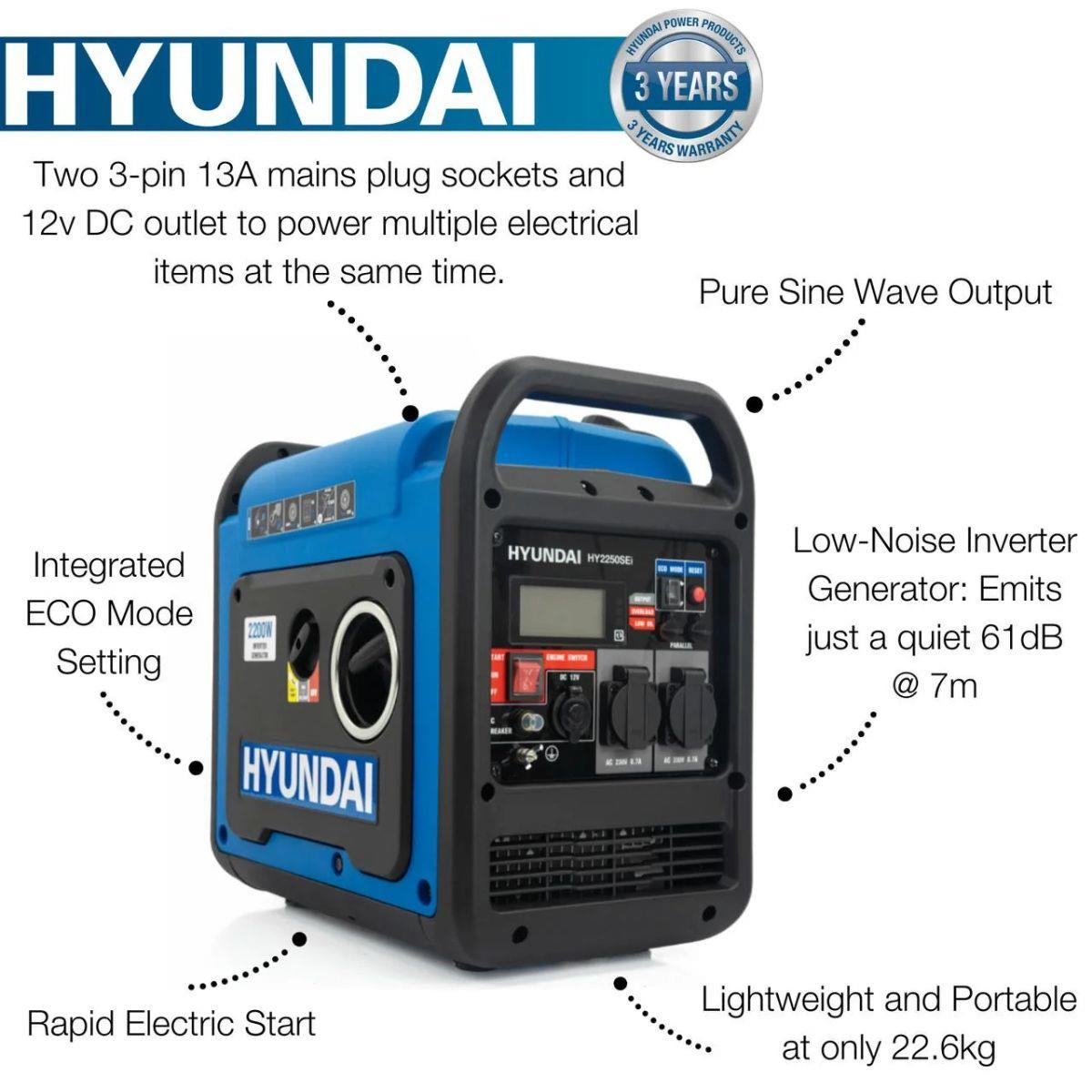 Hyundai HY2250SEI Petrol Inverter Generator with Electric/Recoil Start 2200W/230V