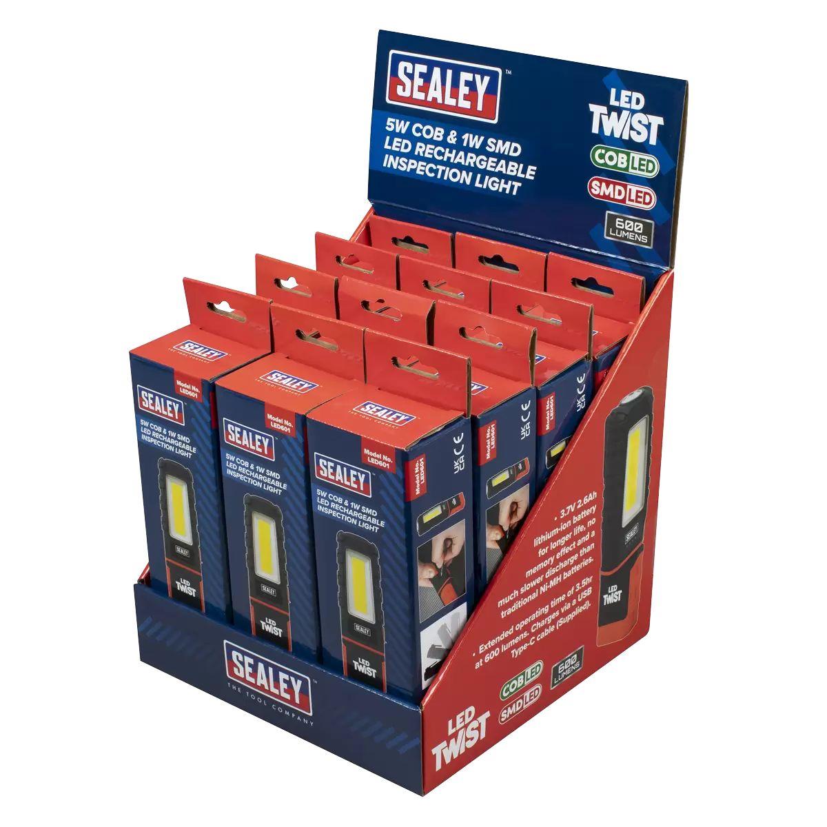 Sealey LED601DB LED Twist Rechargeable Inspection Light 5W Cob & 1W Smd Display Box of 12