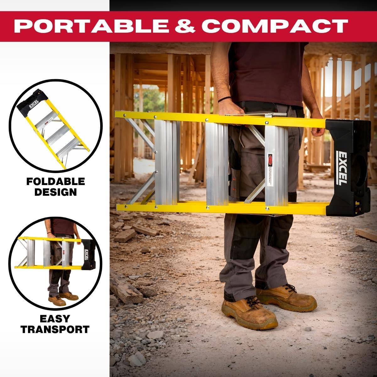 Excel Heavy Duty Fibreglass 4 Tread Ladder with 2 Step Hop Up Ladder
