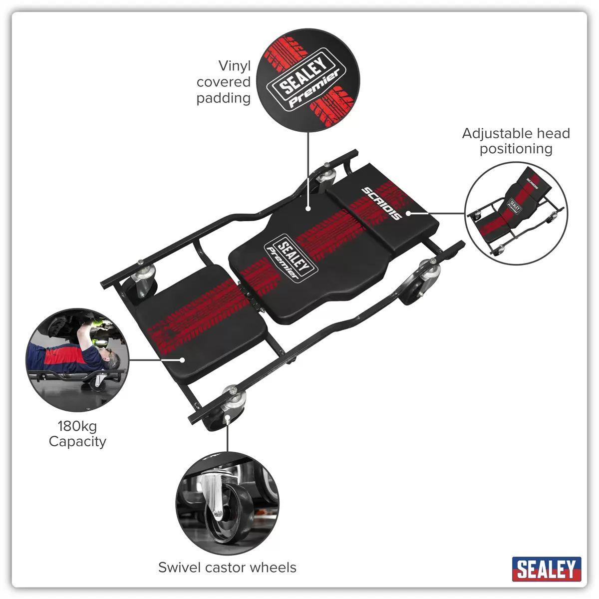 Sealey SCR101S Steel Creeper with 4 Rough Ground 5 Inch Wheels & Adjustable Back/Headrest