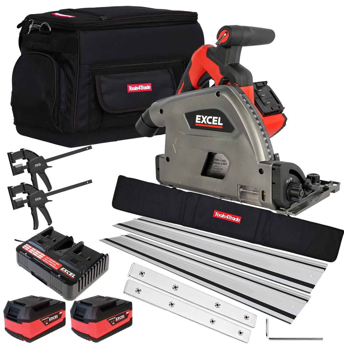 Excel 36V Brushless 165mm Plunge Saw with 2 x 5.0Ah Battery, Dual Charger, Tool Bag & Guide Rail Accessories Set