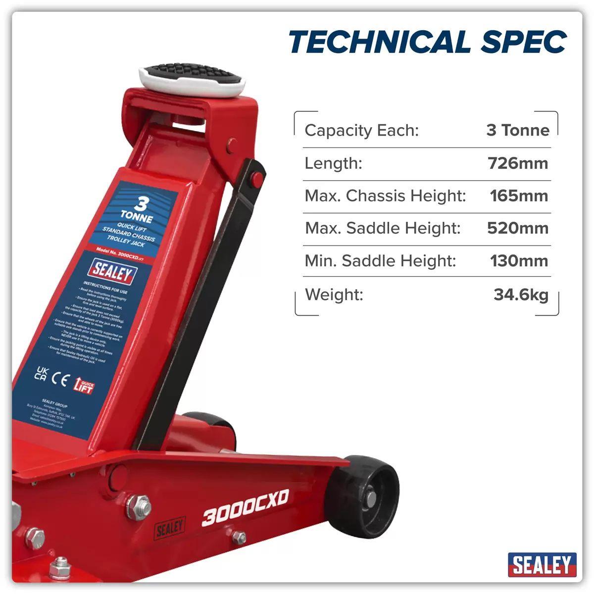 Sealey 3000CXD Trolley Jack 3 Tonne Ton Standard Chassis Car Van Garage