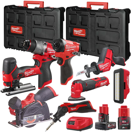 Milwaukee M12FPP7B2-635P 12V Fuel 8 Piece Powerpack Tool Kit with 1 x 6.0Ah & 2.0Ah Batteries, Charger & Case