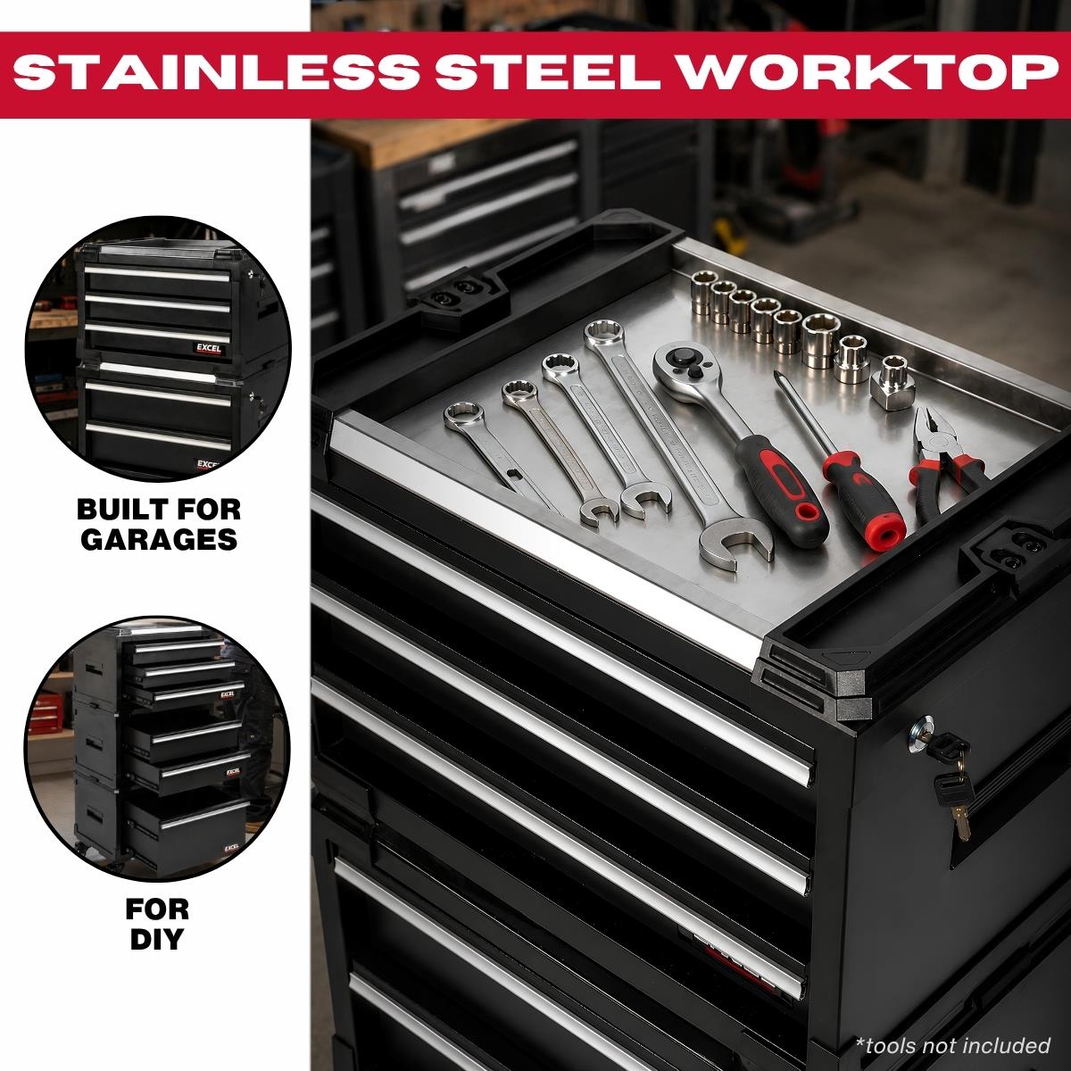 Excel 6 Drawer Modular Rolling Tool Box Stackable with Stainless Steel Worktop