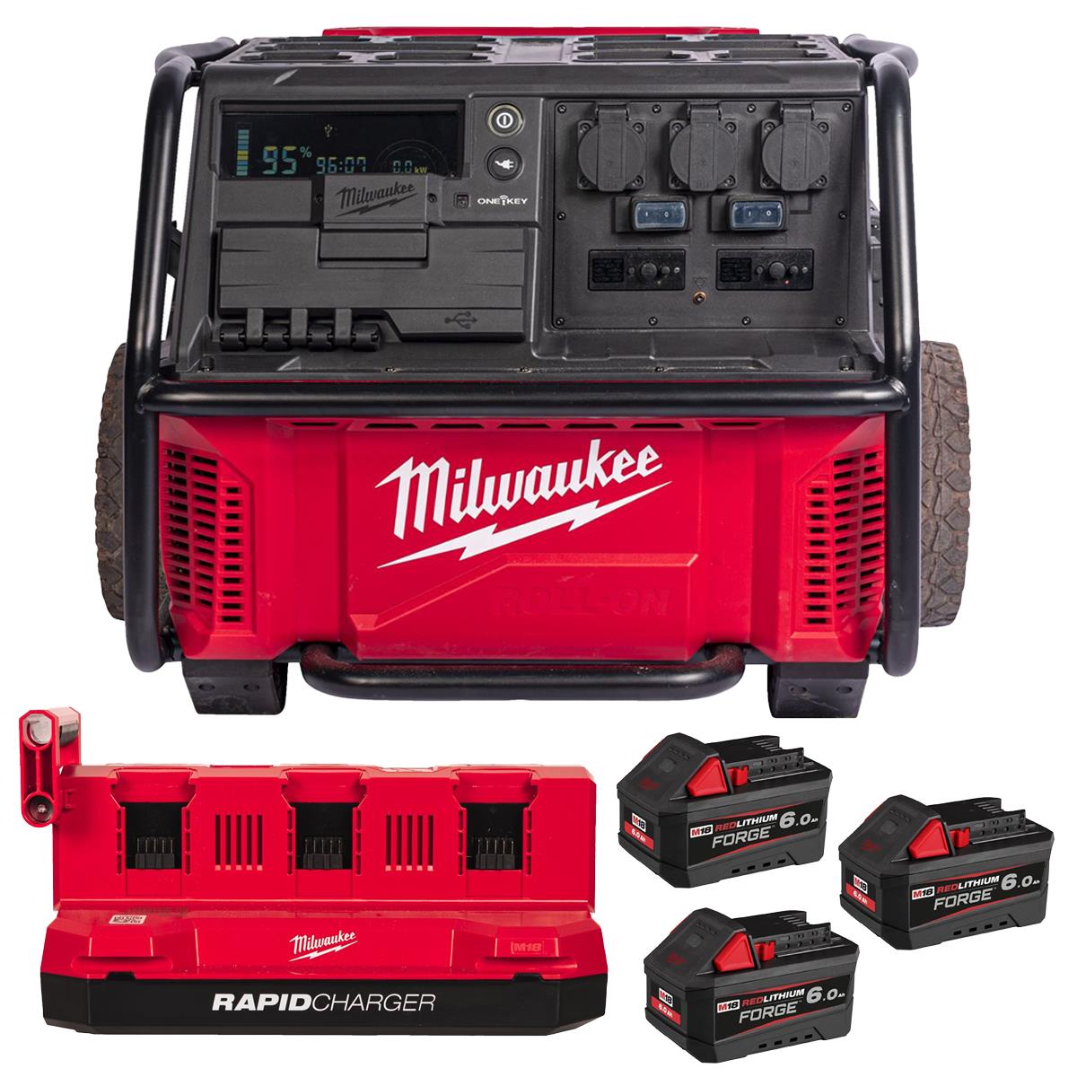 Milwaukee IRPSUOP2500 GB2 Packout Roll-On Mobile Power Supply 240V with 3 x 6.0Ah FORGE Battery & 6 Bay Rapid Charger
