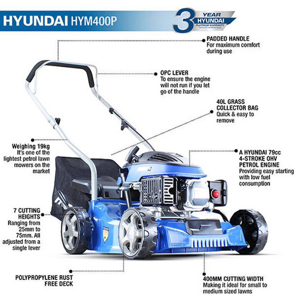Hyundai HYM400P 40cm Petrol Lawnmower 79cc Engine, 25-75mm Cuts, 45L Grass Catcher & Rear Discharge