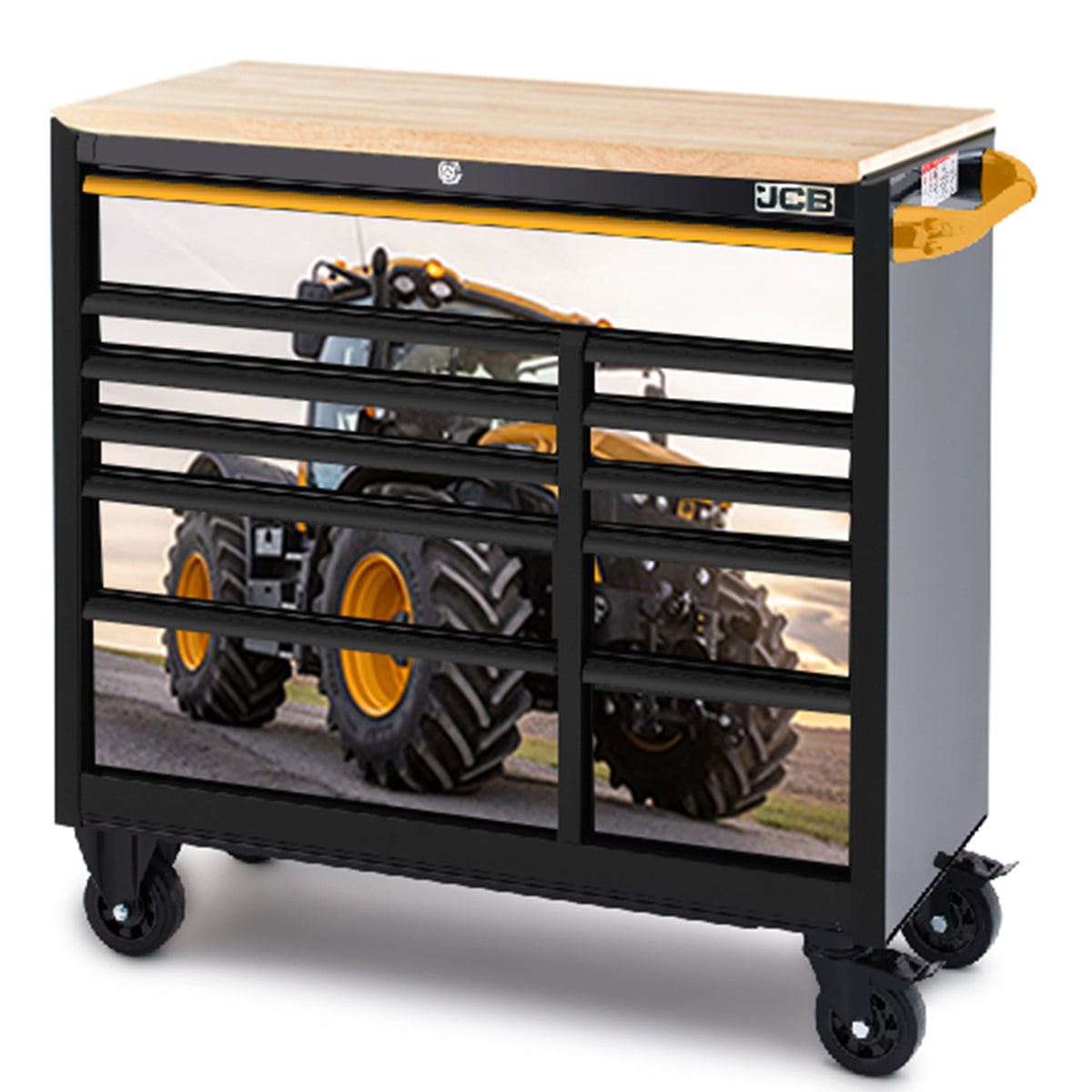 JCB 42’’ Roller Tool Cabinet, 11 Drawers, Steel with Hardwood Worktop and Fastrac Tractor Wrap JCBFSTRCBB