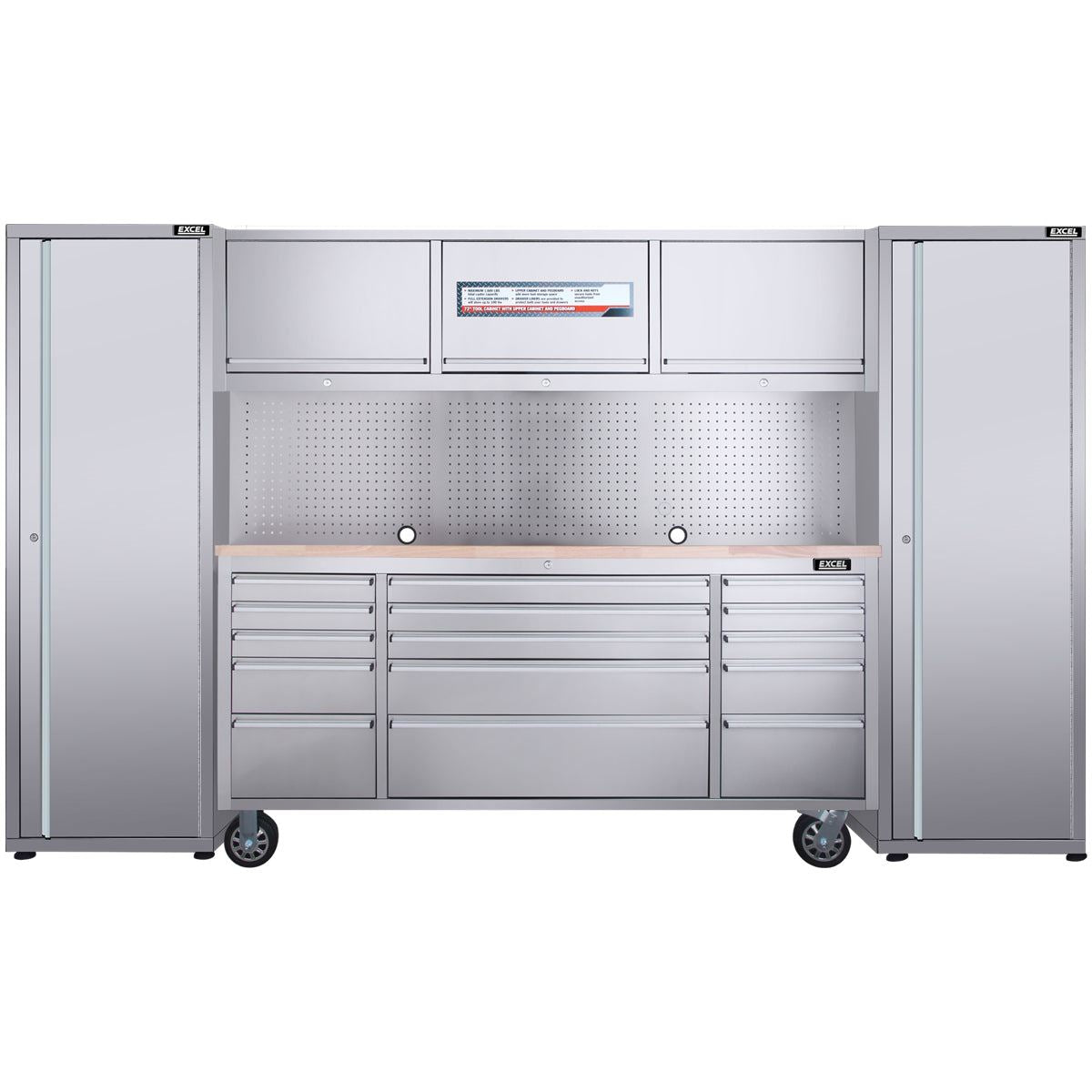 Excel 72inch 15 Drawer Stainless Steel Workbench Roller Tool Chest Cabinet with 3 Overhead Cabinets & 2 Tall Cabinet