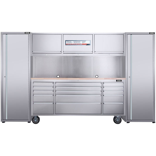 Excel 72inch 15 Drawer Stainless Steel Workbench Roller Tool Chest Cabinet with 3 Overhead Cabinets & 2 Tall Cabinet