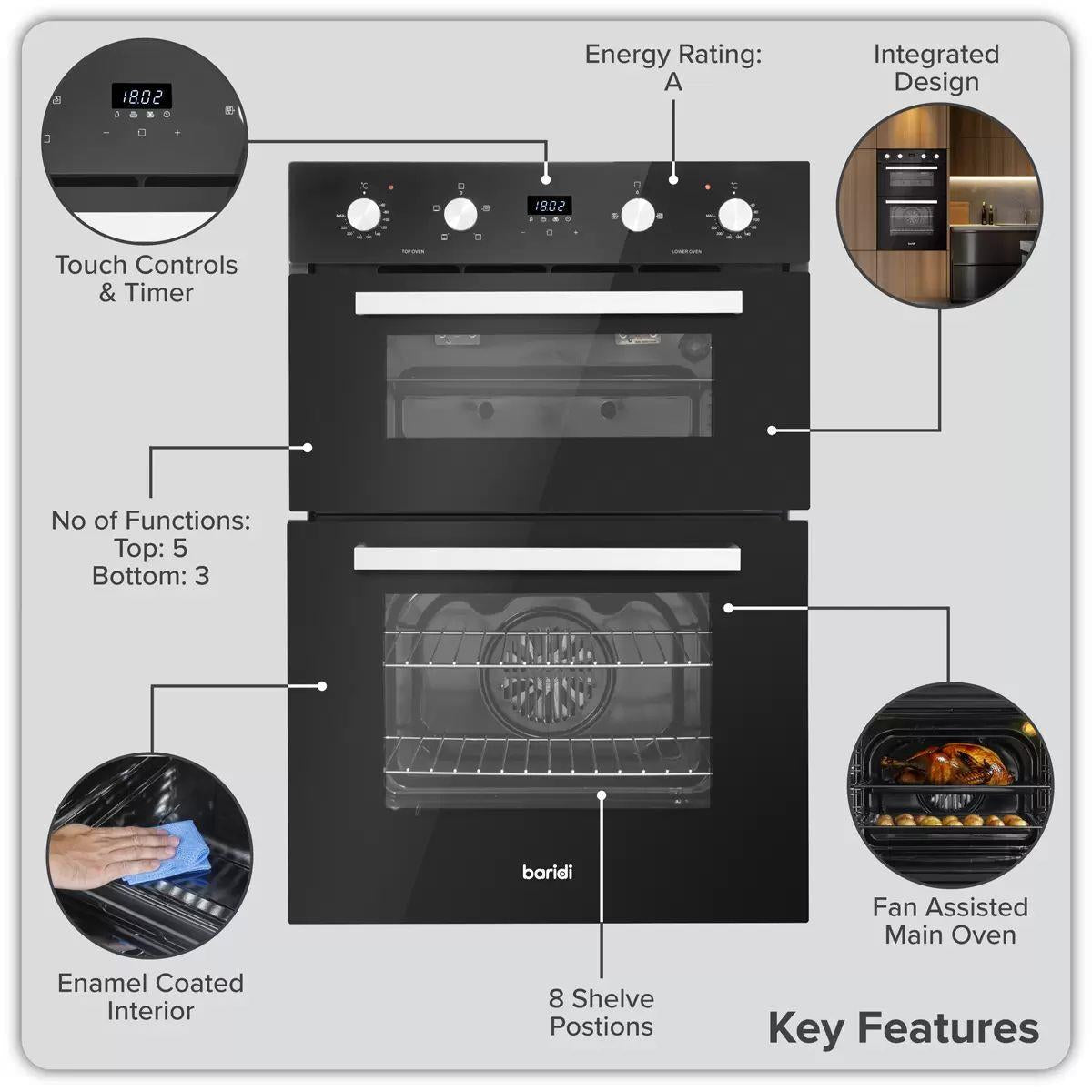 Sealey DH279 Baridi 90cm Built-In Double Oven, 88L Capacity, Energy Rating A Black 240V