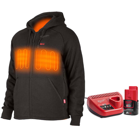 Milwaukee M12 12V Black Heated Hoodie XL Extra Large with 1 x 2.0Ah Battery & Charger