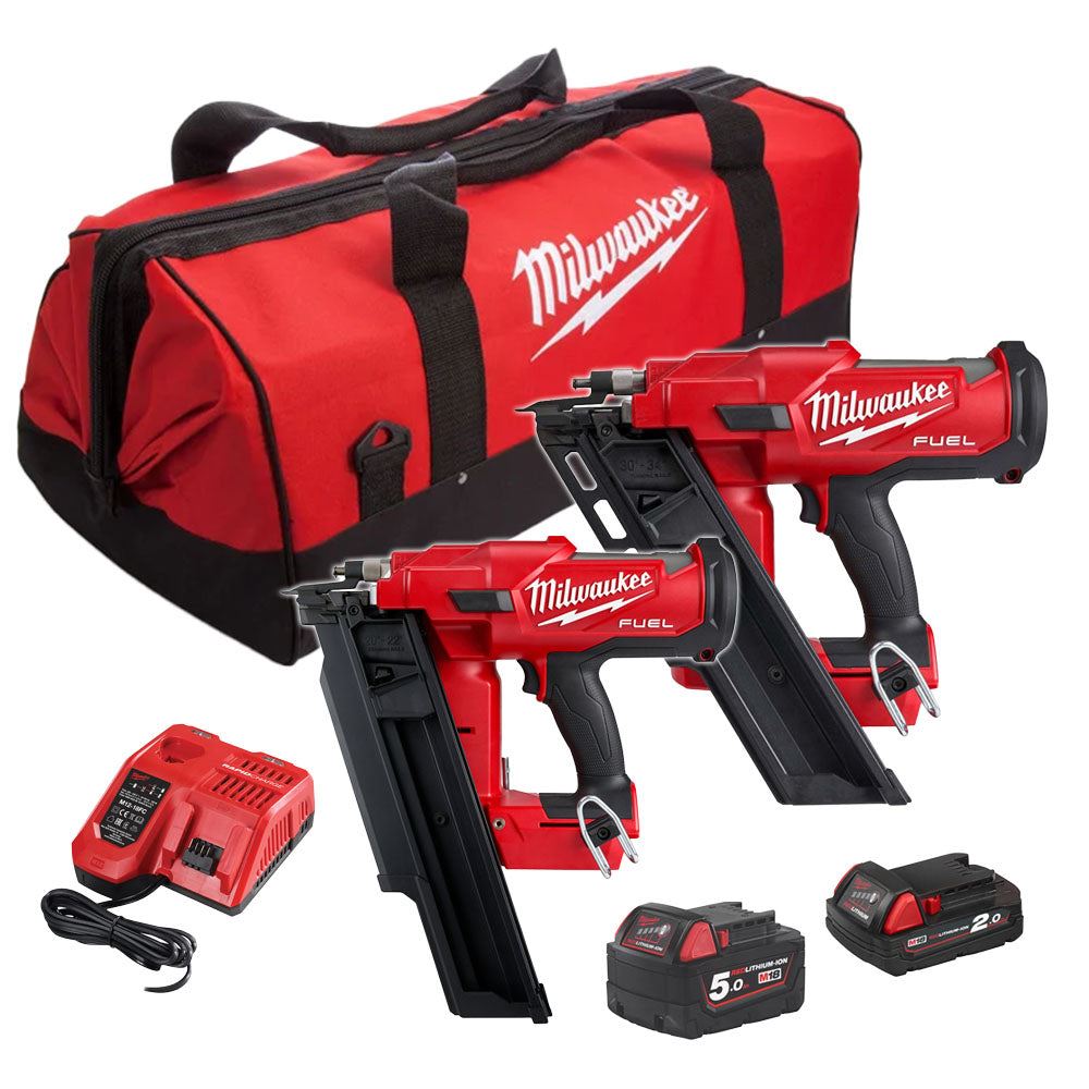 Milwaukee M18FPP2BE-522B 18V Fuel Twin Nail Gun Nailer with 1 x 5.0Ah, 1 x 2.0Ah Battery Charger & Bag 4933492429