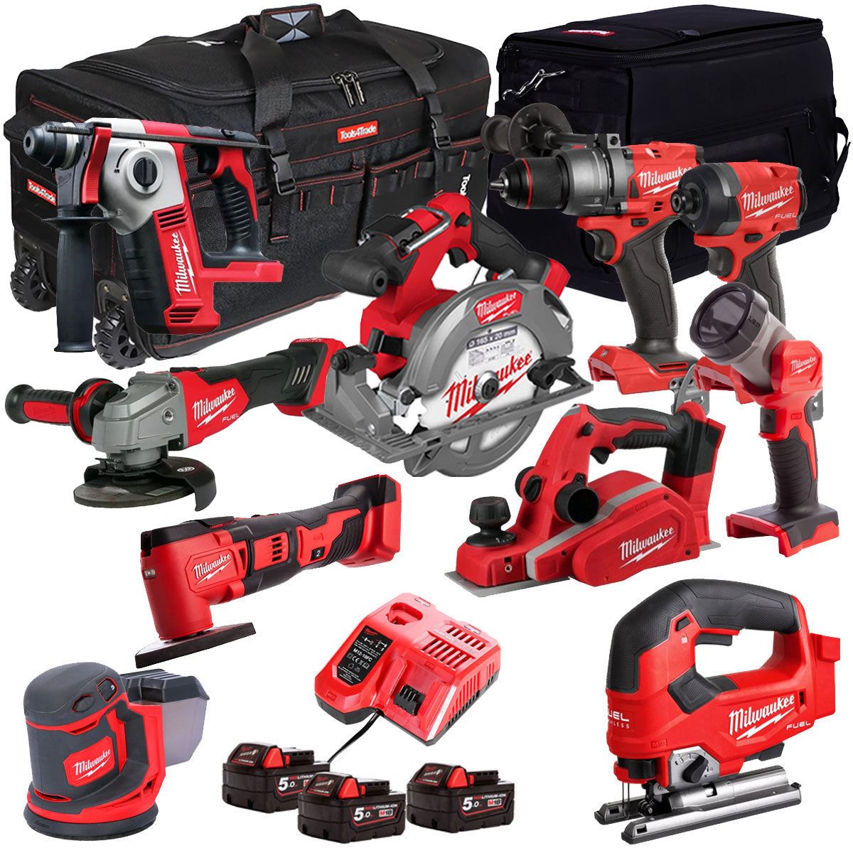 Milwaukee 18V Cordless 10 Piece Tool Kit with 3 x 5.0Ah Batteries & Charger in Bag T4TKIT-505