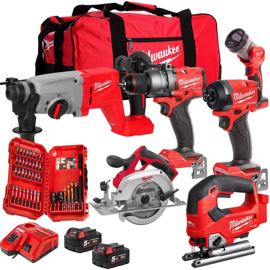 Milwaukee 18V 6 Piece Kit with 2 x 5.0Ah Batteries Charger & 40 Accessory Set T4TKIT-32235