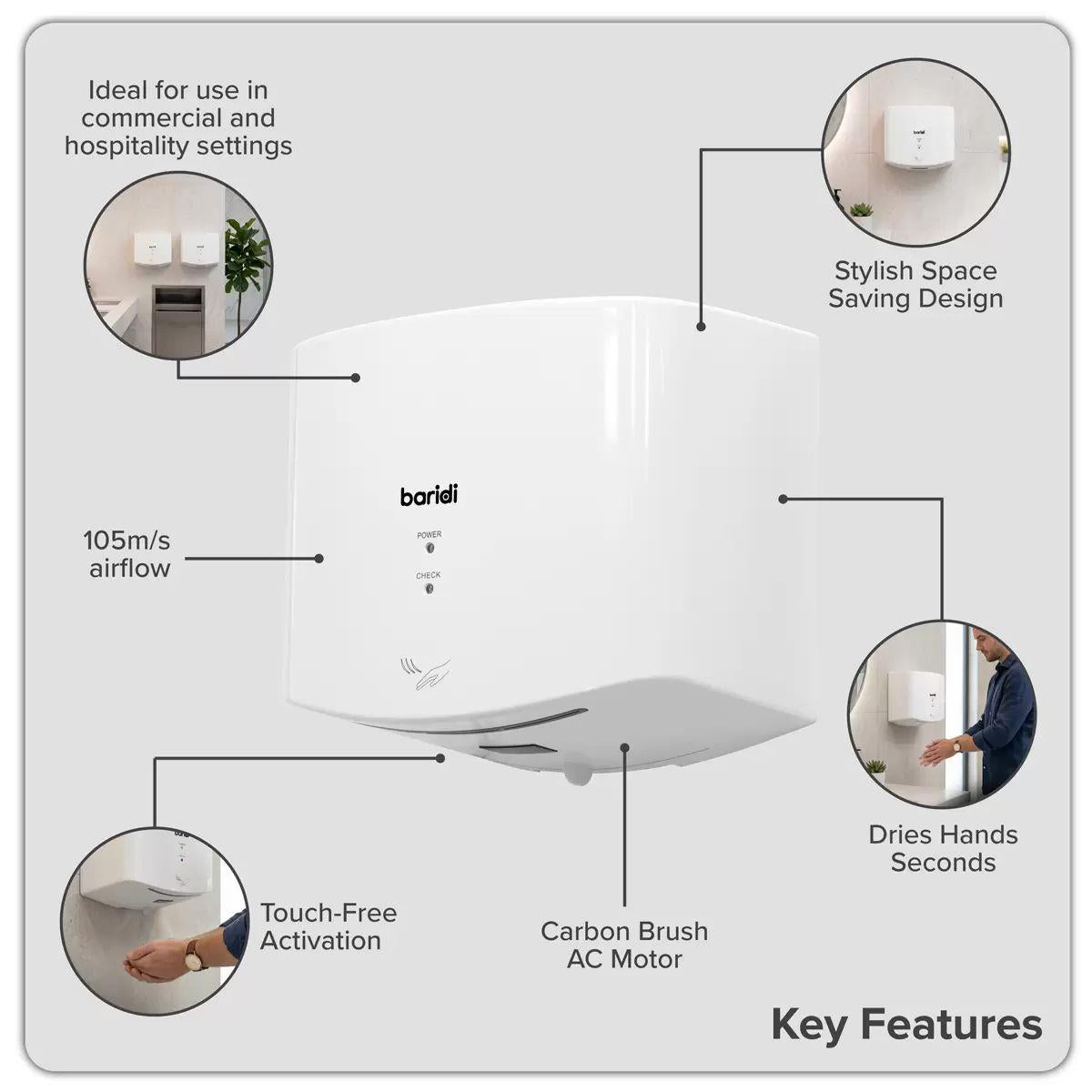 Sealey DH378 Baridi High Speed Hand Dryer with Auto Sensor 1400-1650W/230V White