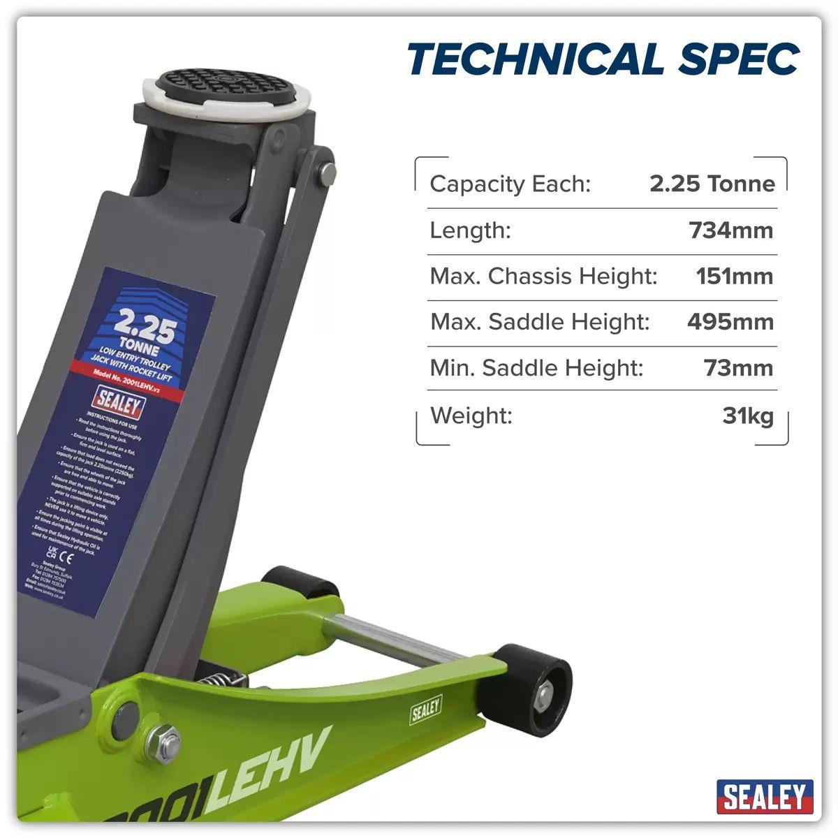 Sealey 2001LEHV 2.25 tonne Ton Low Entry Rocket Lift Trolley Jack Hi Vis Green Lift