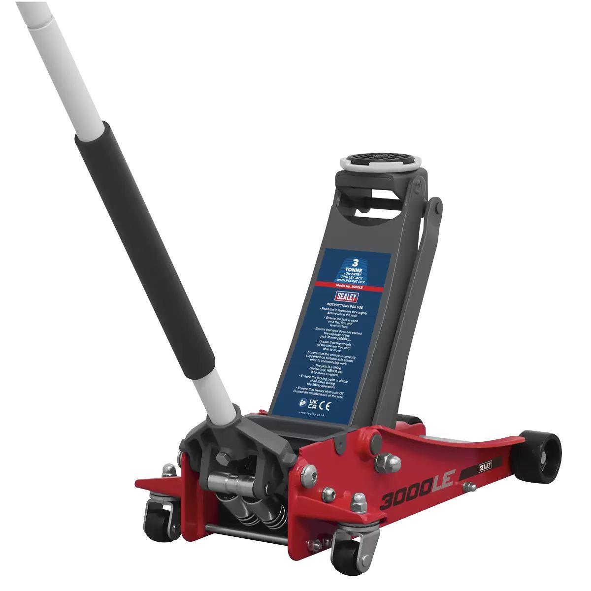 Sealey 3000LE Trolley Jack 3 tonne Low Entry Rocket Lift Red Mechanics
