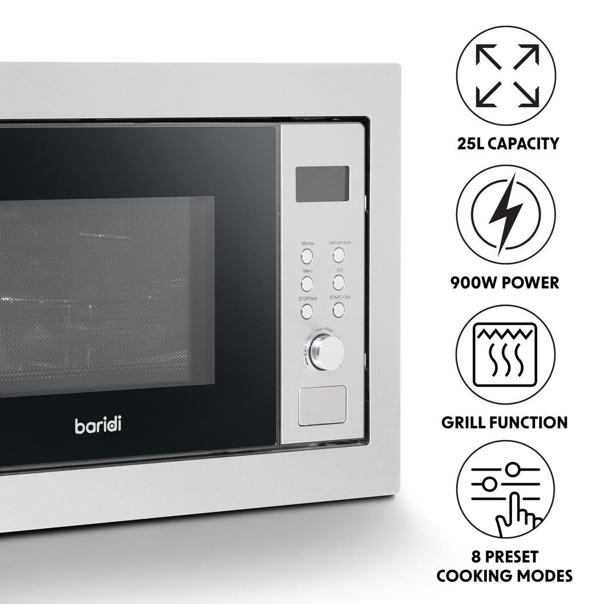 Sealey DH197 Baridi Integrated Microwave Oven with Grill 25L Capacity 900W Stainless Steel