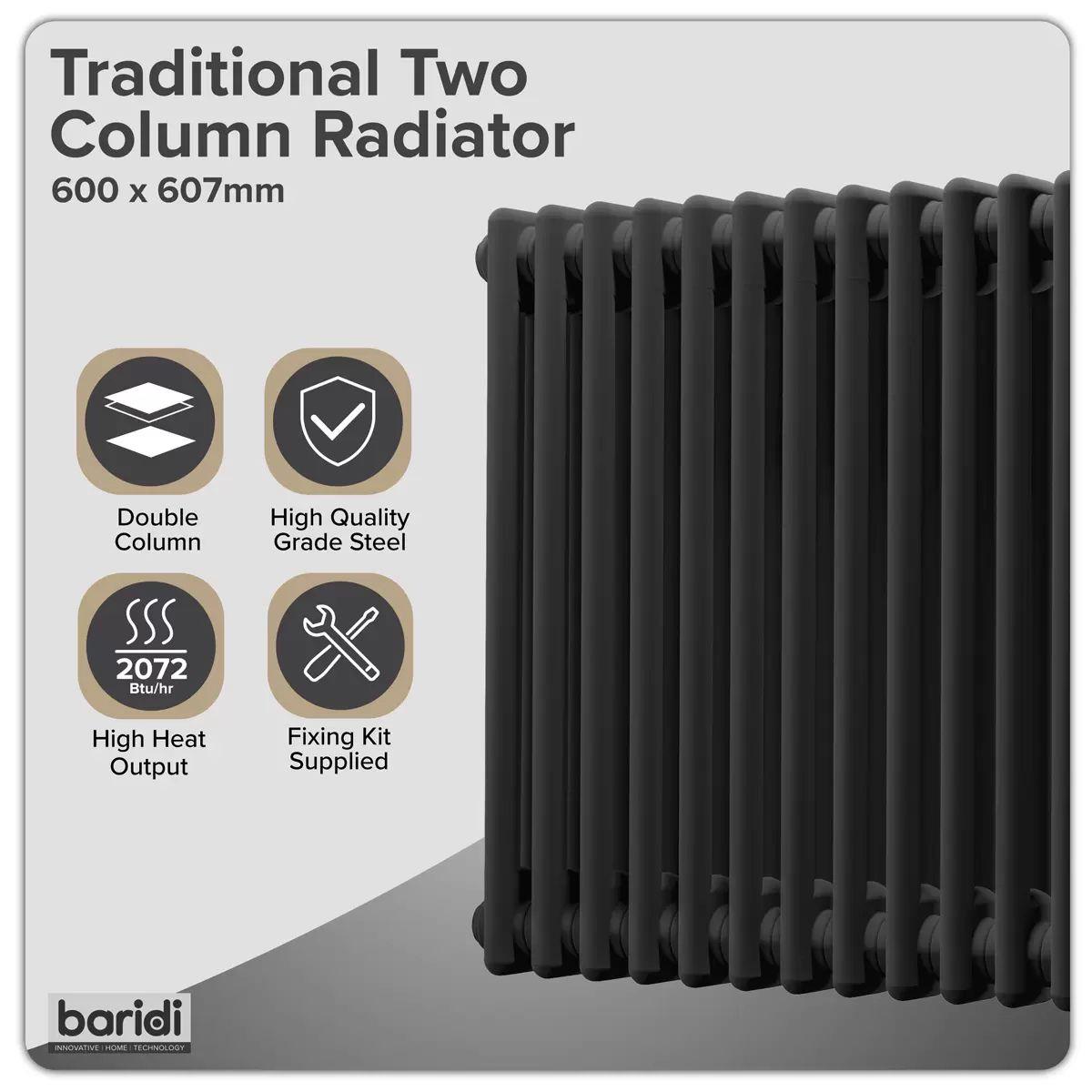 Sealey DH362 Baridi Horizontal Traditional 2 Column Radiator 600 x 607mm Black
