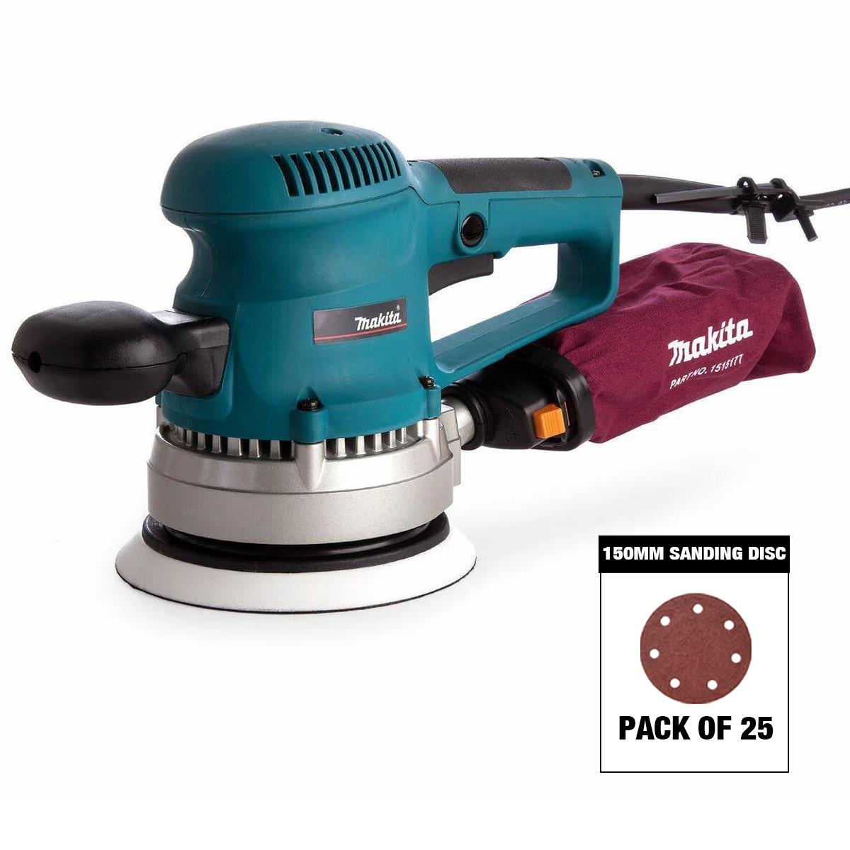 Makita BO6030/2 150mm Corded Random Orbit Sander & Dust Bag 240V with Sanding Disc Mix Grit Pack of 25