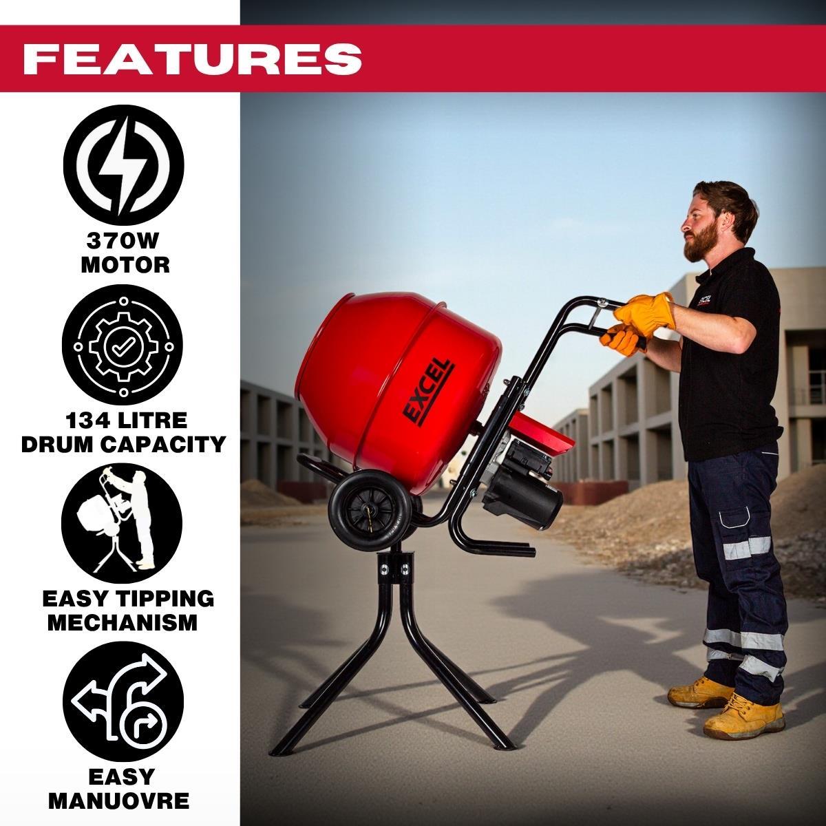 Excel 134L Portable Cement Mixer 240V/370W with Wheels & 100L Wheelbarrow Green HDPE Tray