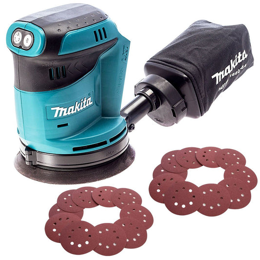 Makita DBO180Z 18V 125mm Random Orbit Sander with 20 Abrasive Sanding Discs 40G/60G