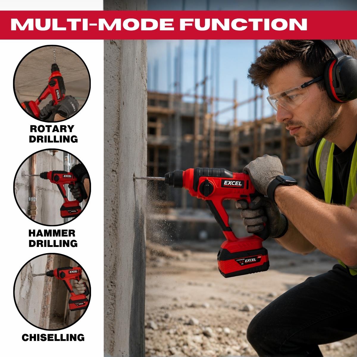Excel 18V SDS+ Cordless Rotary Hammer Drill with 1 x 4.0Ah Battery & Charger