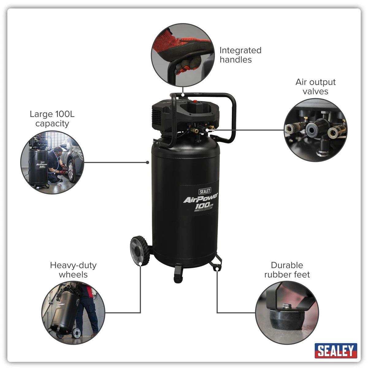 Sealey SAC100V 100L Oil Free Belt Drive Vertical Compressor 2.5hp & 230V/13A