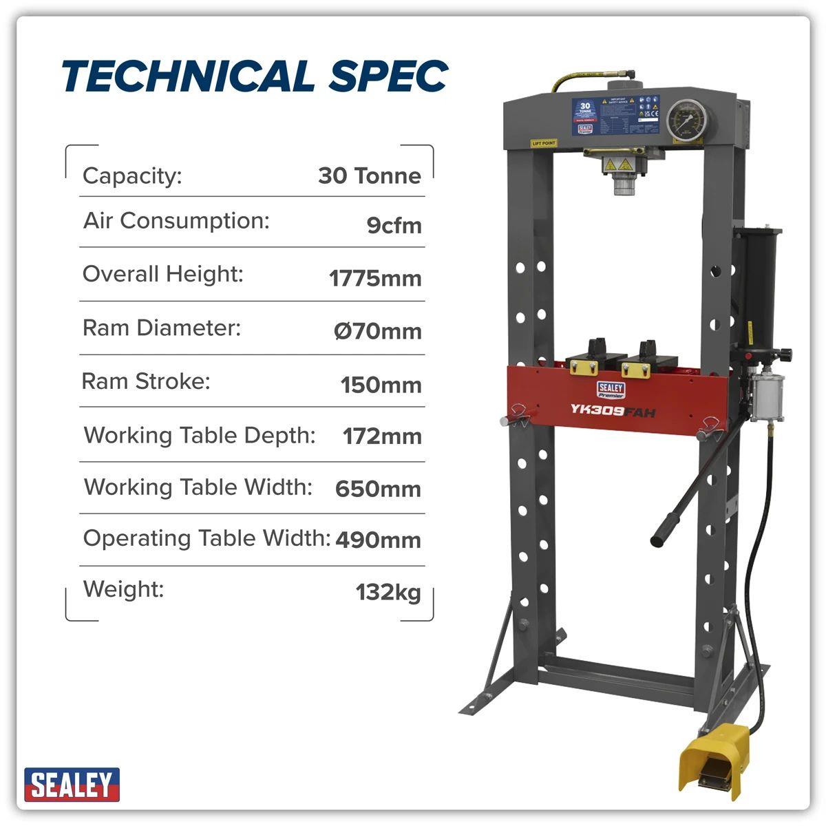 Sealey YK309FAH Premier Heavy-Duty Air/Hydraulic Floor Type Press with Foot Pedal 30 Tonne