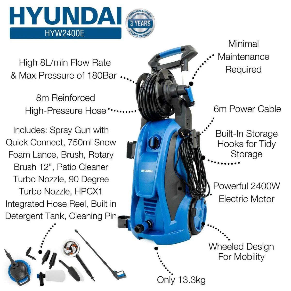 Hyundai HYW2400E Electric Pressure Washer 8L/min 2400W/240V High-Performance Jet Wash with Hose & Attachments