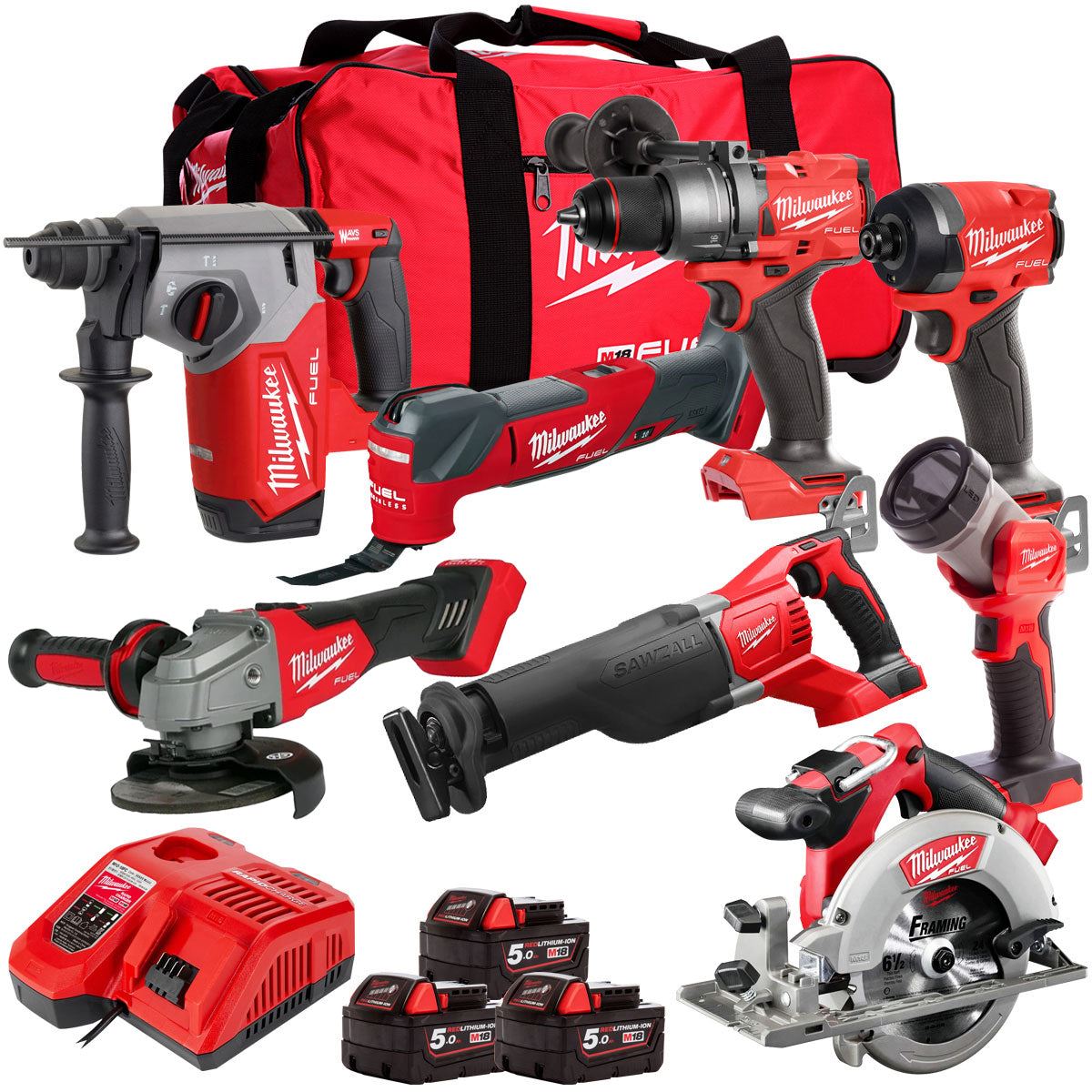 Milwaukee 18V 8 Piece Power Tool Kit with 3 x 5.0Ah Batteries T4TM-21