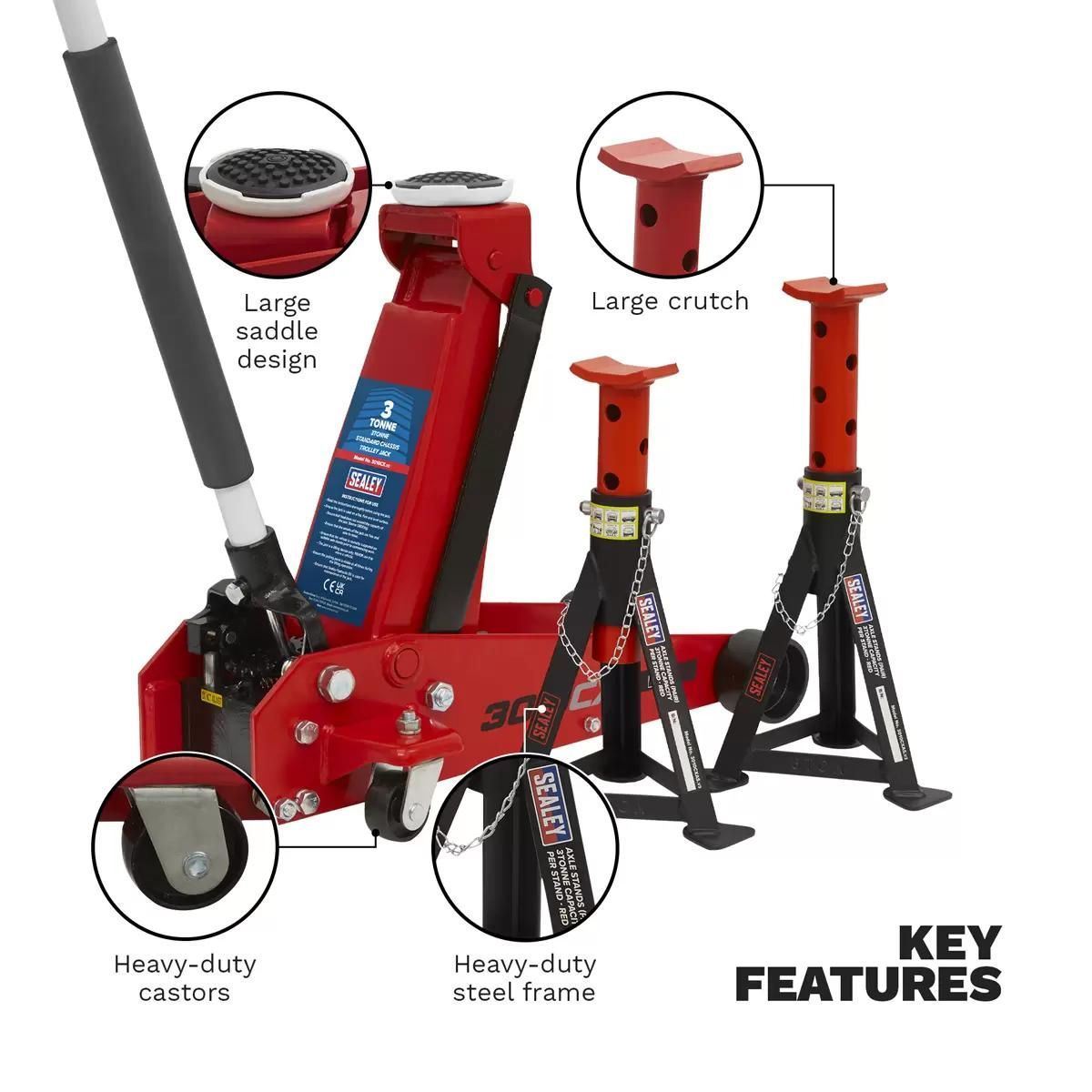 Sealey 3010CX Trolley Jack 3 tonne Standard Chassis Axle Stand Set Car Garage
