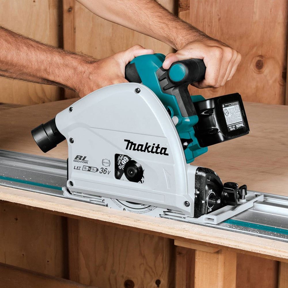 Makita DSP600ZJ 36V Brushless 165mm Plunge Saw Body Only with 2 x 1.5m Guide Rail & Case + Rail Bag