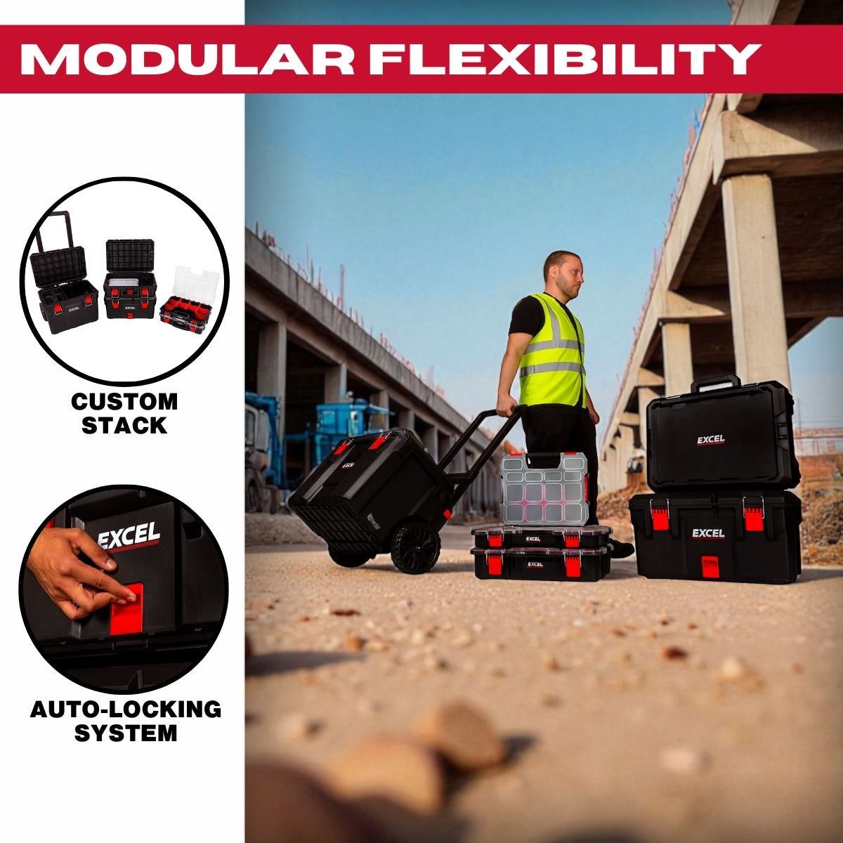 Excel Modular Tool Box Heavy Duty Mobile Storage 6 Piece Set with Organiser & Wheels