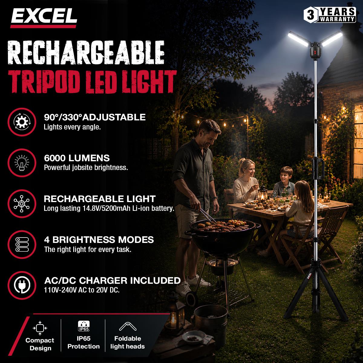 Excel 6000 Lumens Rechargeable LED Tripod Work Light with Adjustable Head