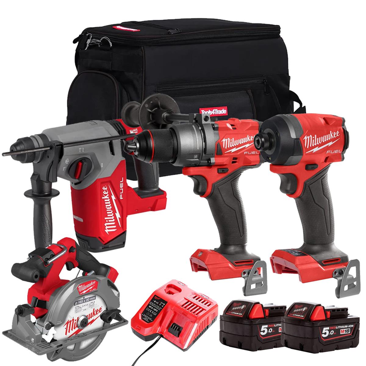 Milwaukee M18FPP11Z-502B 18V Brushless 4 Piece Power Tool Kit With 2 x 5.0Ah Batteries Charger & Bag