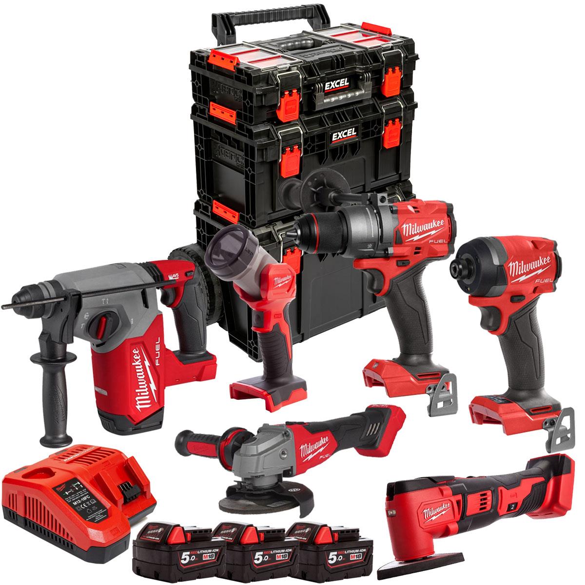 Milwaukee M18FPP6T4-503EB 18V 6 Piece Tool Kit with 3 x 5.0Ah Battery, Charger & Modular Tool Box 3 Piece Set