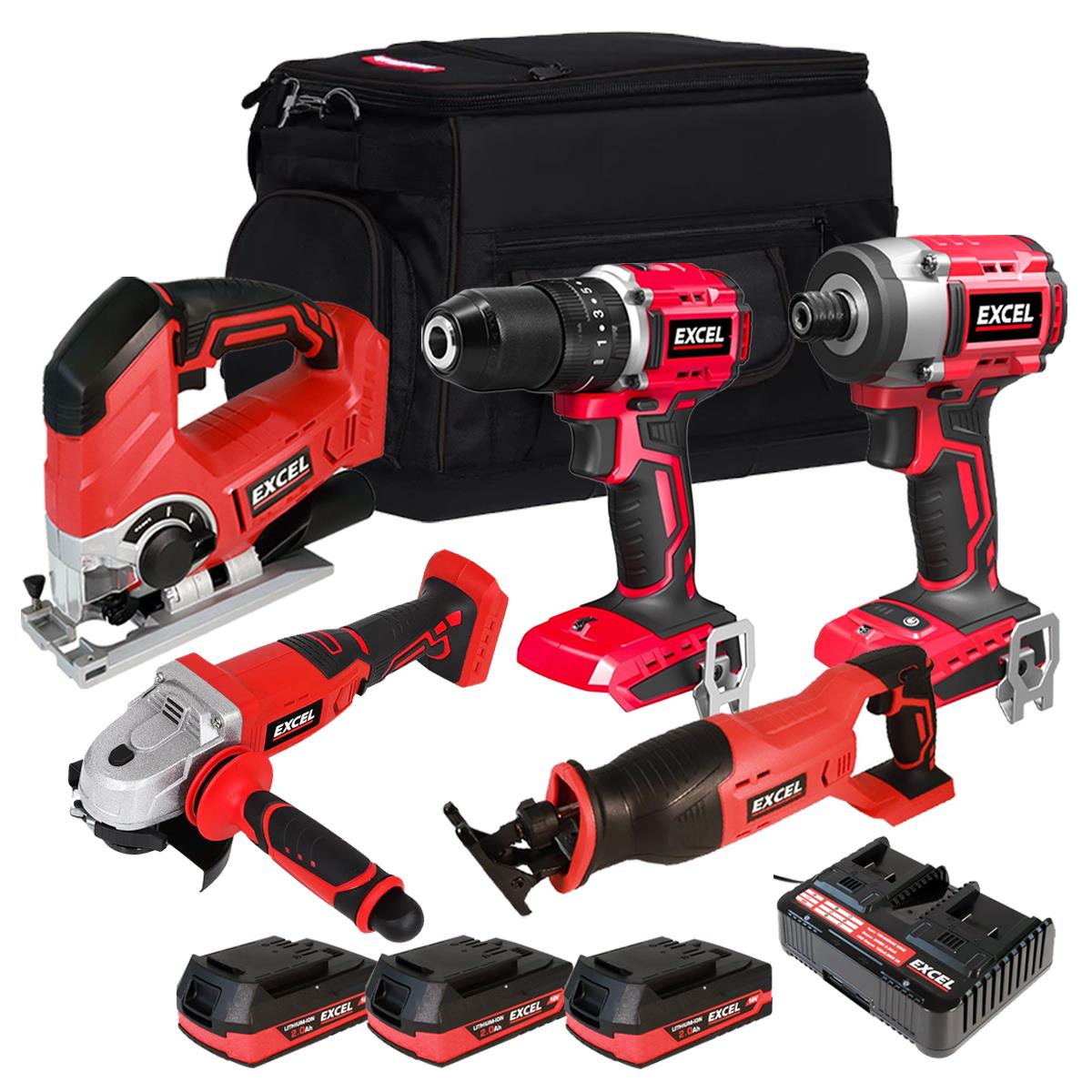 Excel 18V Cordless 5 Piece Tool Kit with 3 x 2.0Ah Battery & Charger