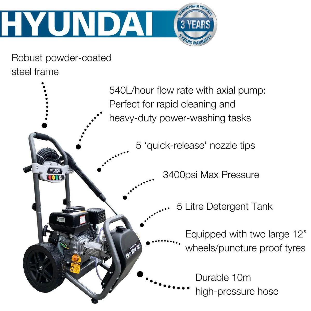 Hyundai HYW3400P 3400psi 210cc Petrol Pressure Washer, 9L/min, 10m Hose & Detergent Tank