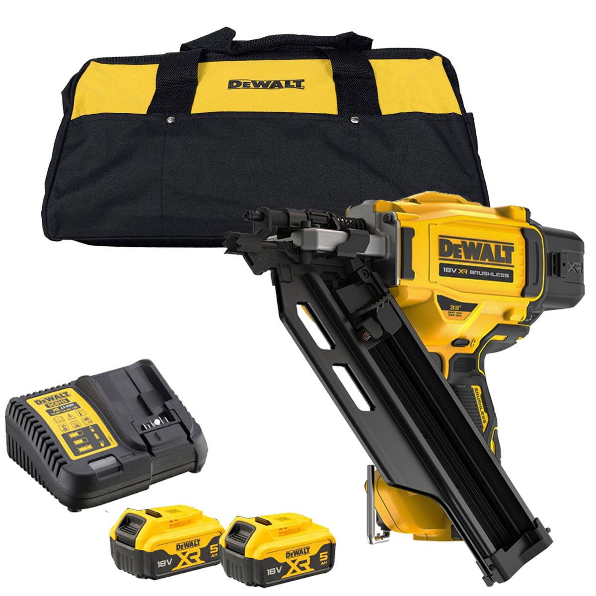 DeWalt DCN930P2B 18V Brushless First Fix Framing Nailer with 2 x 5.0Ah Battery Charger & Bag