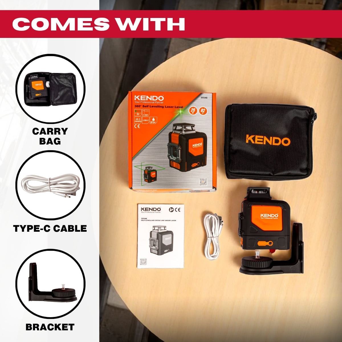 Kendo 25m Self-Levelling Laser Level 360° Bracket with Adjustable Tripod & Carry Bag