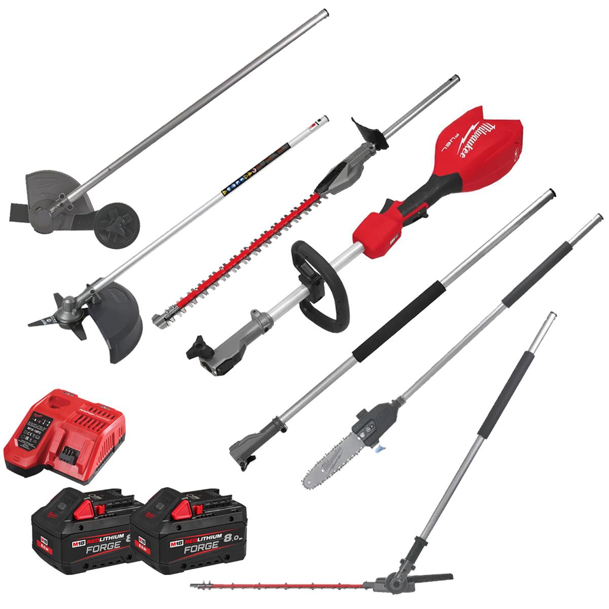 Milwaukee M18FOPH2-802 Fuel 18V Brushless Outdoor Power Head Quik-Lok with 2 x 8.0Ah Battery Charger & 6 Piece Attachment