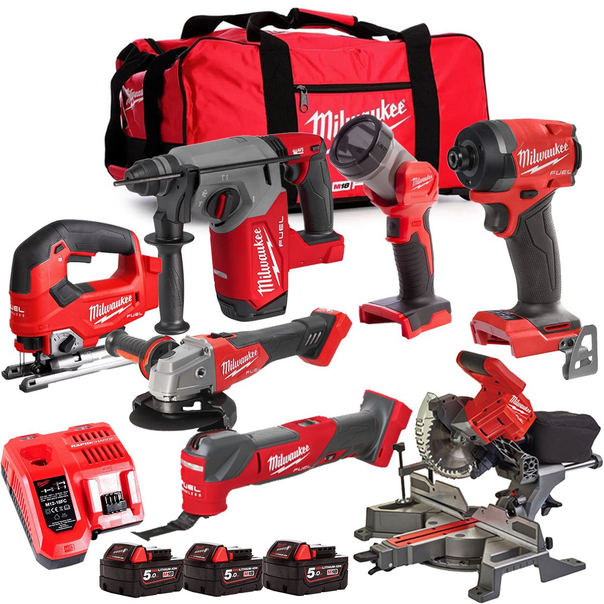Milwaukee M18FPP6L3-503BK25 18V Brushless 7 Piece Tool Kit with 3 x 5.0Ah Batteries Charger & Wheeled Bag