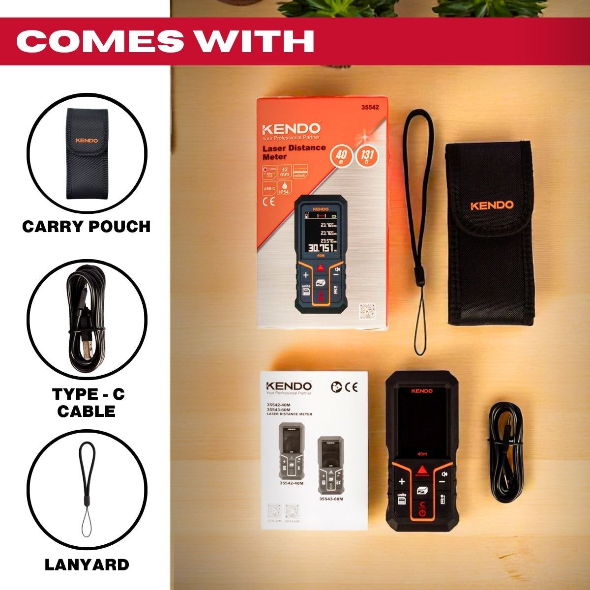 Kendo 40m Laser Distance Meter with Rechargeable Battery & LCD Display